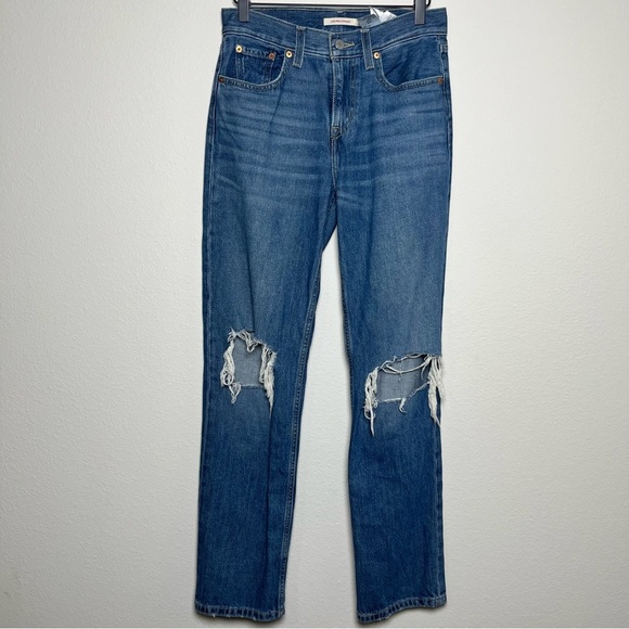 Levi's Women Low Pro Jeans 25" Dark Wash Rip Knee Straight Leg Western - Picture 2 of 12